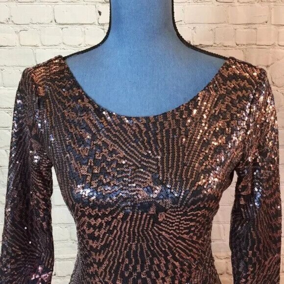 As U Wish Dress Bodycon Copper Black Sequins Low Scoop Back 3/4 Sleeve Small - Picture 4 of 7